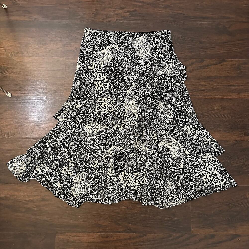 Lauren Ralph Lauren black & cream silk midi skirt size L - Picture 2 of 8